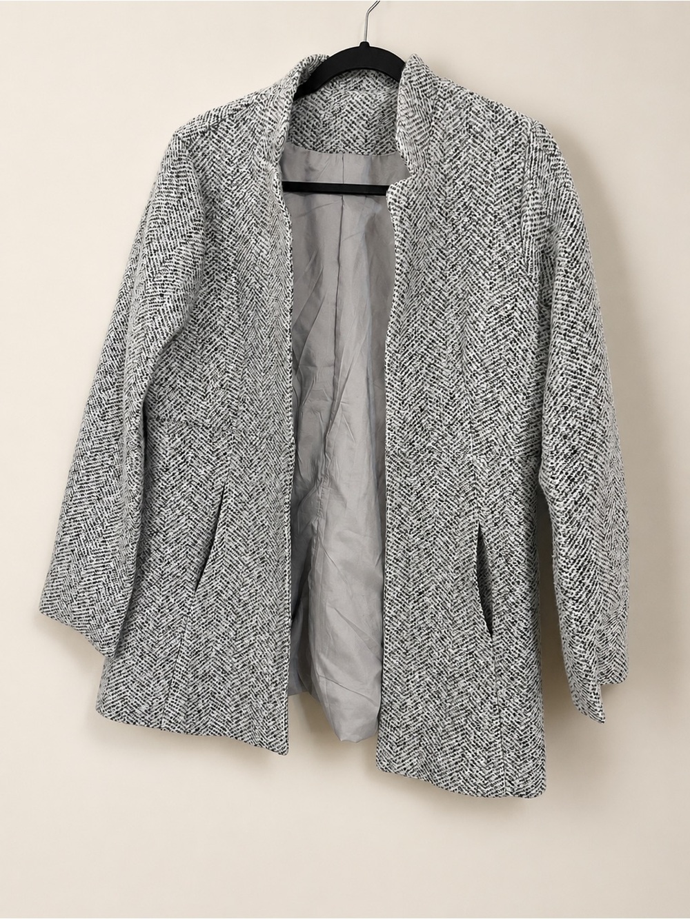 Chic Gray Herringbone Open Front Jacket Career Core Quiet Luxury